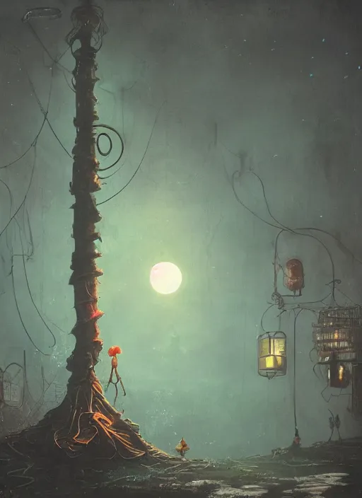 Prompt: giant tentacles in burning vapor glowing mansion dramatic lighting desolate landscape with a light moon in a night circus setting, artem chebokha, alexander jansson, allen williams, anja millen, simon stalenhag, adam paquette