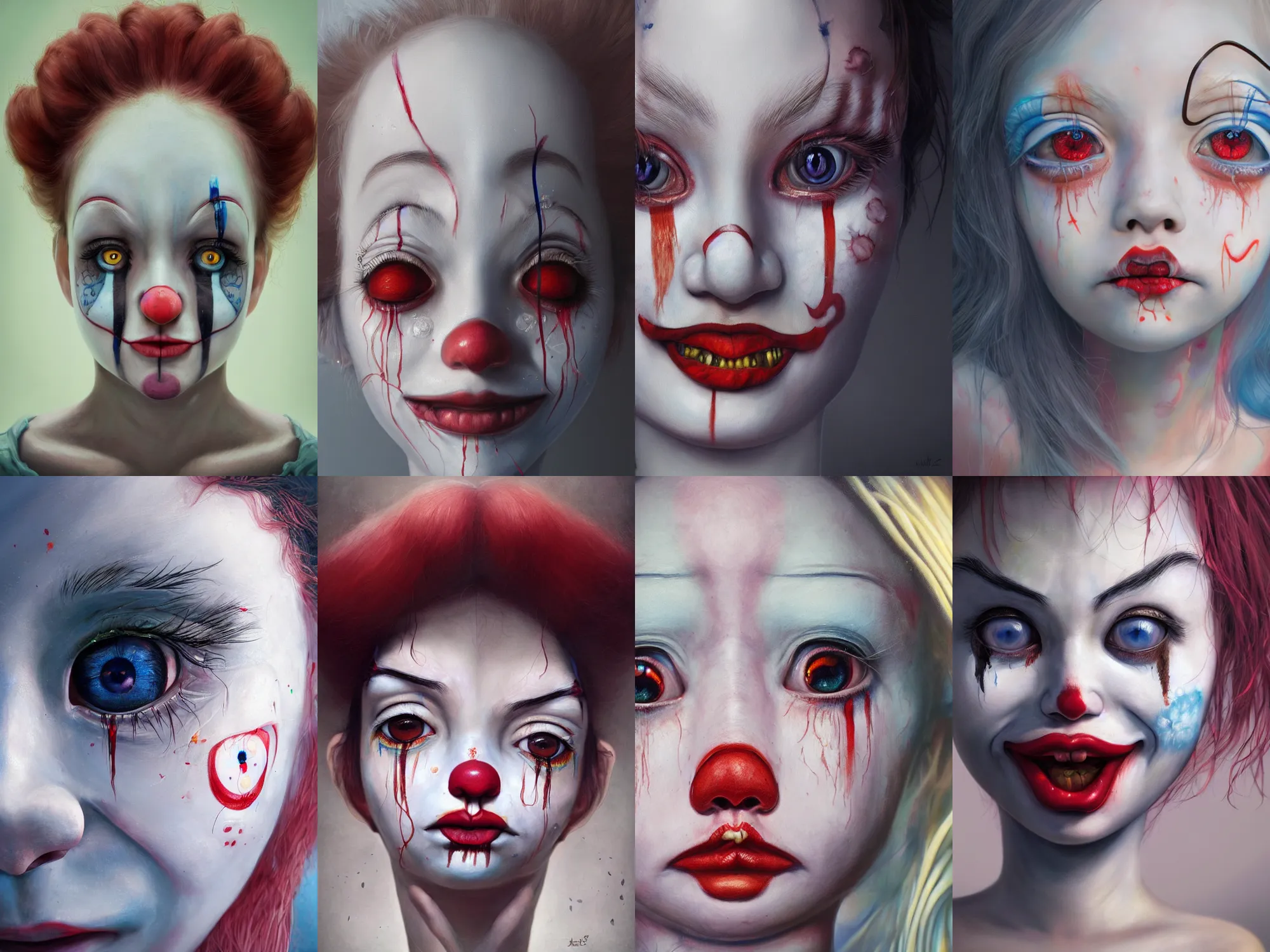 Image similar to detailed painting of clown girl crying, piercing eyes, james jean, miho hirano, hyperrealistic, octane render, ambient light, dynamic lighting