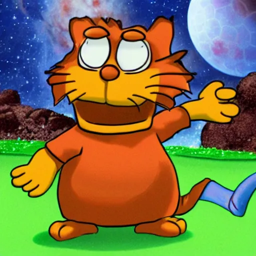 Image similar to garfield playing soccer in the space outside of the earth