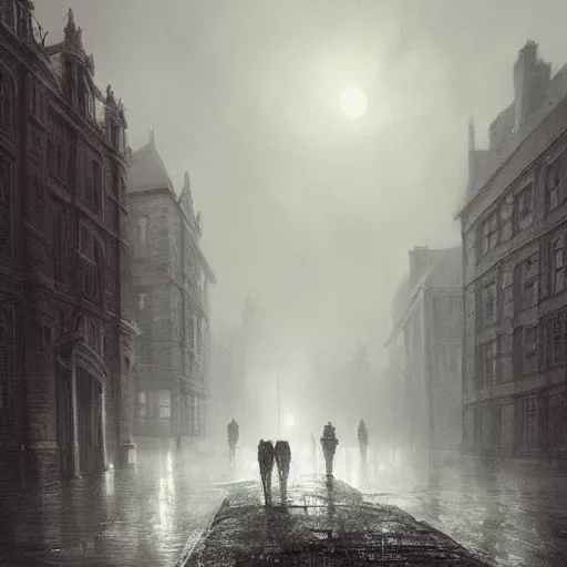 Prompt: A picture of victorian era london shrouded in mist, full moon above, raining, Greg Rutkowski, trending on artstation