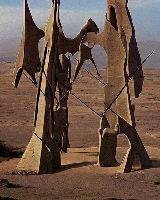 Prompt: strange cyberpunk pagan giant monument in the middle of the desert by dali and bosch and moebius