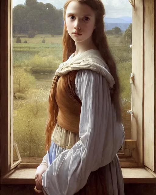 Image similar to a window - lit realistic portrait painting of a thoughtful girl resembling a young, shy, redheaded alicia vikander or millie bobby brown wearing peasant clothes by an open window, highly detailed, intricate, concept art, artstation, by donato giancola, vermeer, and william bouguereau