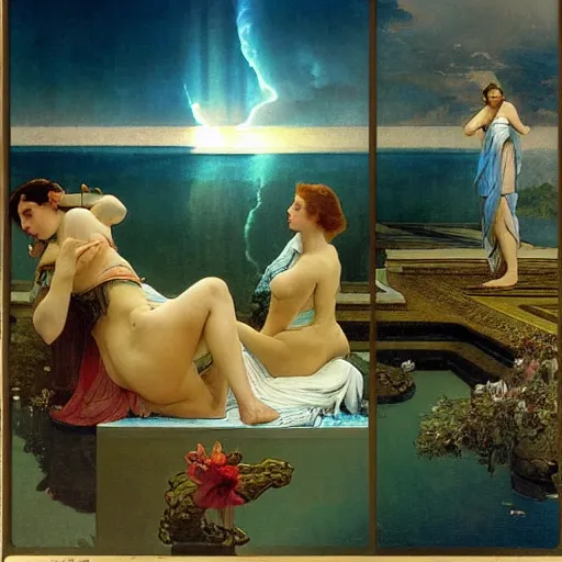 Image similar to The palace on the clouds, moon reflecting on the water, thunderstorm, greek pool, beach and Tropical vegetation on the background major arcana sky, by paul delaroche, alphonse mucha and arnold böcklin, hyperrealistic 8k, award-winning, very very very detailed