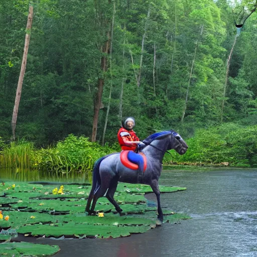 Image similar to A photo of an astronaut riding a horse in the forest. There is a river in front of them with water lilies.