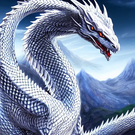 Image similar to a Blue eyed white dragon, epic background by Keith Thompson and Christopher Bretz, highly detailed, digital painting, HDRI, vivid colors, high contrast, 8k resolution, intricate, photorealistic, smooth