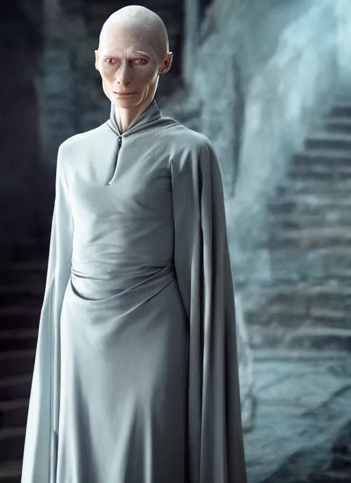 Image similar to film still of tilda swinton as voldemort in harry potter, 4 k, no nose