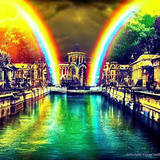 Image similar to Souls floating in the presence of God, HDR, Beautiful, Epic, Cinematic, Rainbows, Holy. HDR