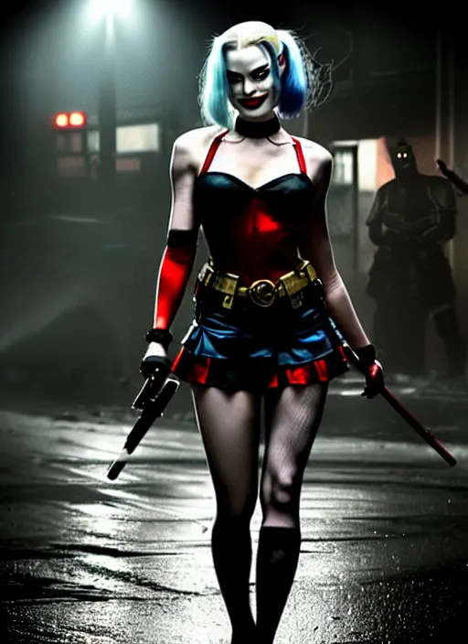 Prompt: 2 8 mm photo of beautiful suicide squad happy margot robbie with long white hair that looks like harley quinn standing on the wet street of dystopian gotham city at night, angry frown, seductive camisole, pinup model, glamour fashion pose, frank miller, jim lee, cinematic, ridley scott, lens flare, annie leibowitz