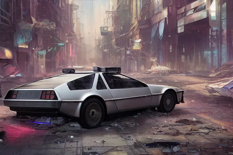 Image similar to photograph of the delorean, with a sleek spoiler, driving down the streets of a cyberpunk abandoned city, by greg rutkowski, by stanley artgerm, by alphonse mucha