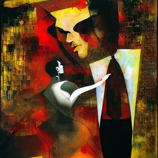 Prompt: tango, collage and oil on canvas by dave mckean