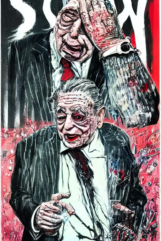 Image similar to George Soros full body shot, dollar bills Body horror, biopunk, by Ralph Steadman, Francis Bacon, Hunter S Thompson