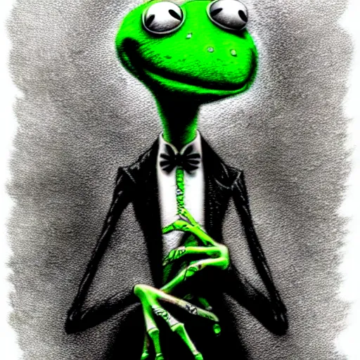 Image similar to michael karcz grunge cartoon drawing of kermit the frog. , in the style of corpse bride, loony toons style, horror themed, detailed, elegant, intricate