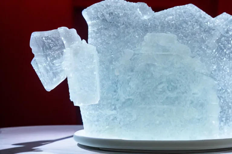 Image similar to a clear ice sculpture of a burger made entirely of ice, 4 k