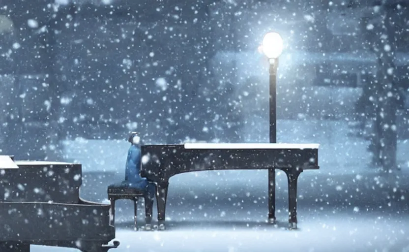 Image similar to a man playing piano in the heavy snow, a screenshot from the anime film by Makoto Shinkai