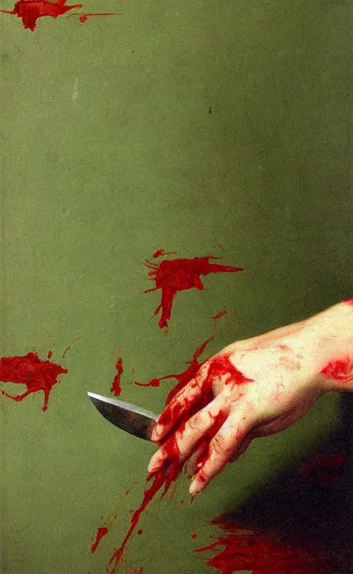 Image similar to by 1 9 th century famous painter, hands, nail polish, blood smear, blood dripping, knife, realism, realistic, oil painting, green wallpaper background