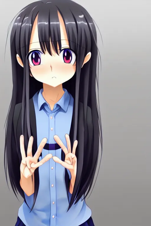 Image similar to full body anime portrait of a cute girl round eyes long hair dressed in a school uniform inside the school, peace sign, stunning, highly detailed, anatomically correct