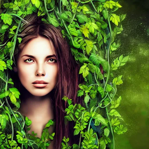 Image similar to a young womans face engulfed in green vines, surreal Art Station, concept art, cinematic, 8k, Pinterest, cgsociety, hyper detailed, ultra realistic, epic, high resolution, post processing, ultra high quality, sci fi, sharp, 4k UHD, realistic, intricate, details, masterpiece, Deviant Art, Trending on Artstation, Unreal Engine 4k, octane render