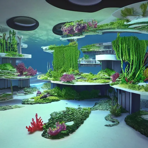 Prompt: underwater habitat 67 with lush vegetation, coral and marine creatures surrounding it