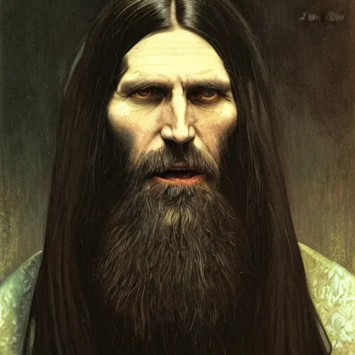 Image similar to portrait of Grigori Rasputin as a vampire, 35mm, depth of field, DOF, ominous, sharp, highly detailed, photorealistic, realistic, unreal 5, high, definition, 8k, artstation, donato giancola, irwin penn, Alphonse Mucha