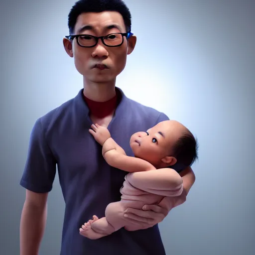 Prompt: shocked asian man holding african - american baby at hospital, he can't believe his eyes, award winning art, pixar, 3 d render, artstation