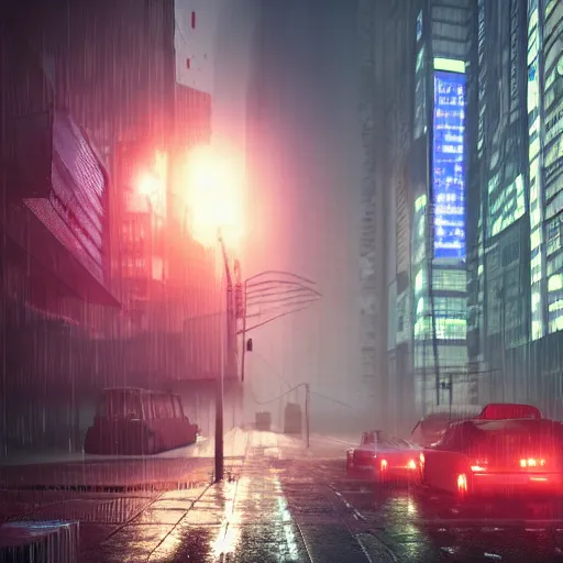 Image similar to inside a realistic, 4 k, octane render, raindrop, a dystopian futuristic city with heavy smog and tall buildings with neon signs and video billboards, dimly lit by the sun. diffused lighting, highly detailed digital art, trending on artstation