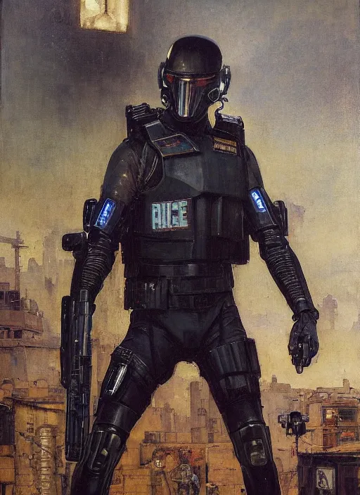 Image similar to Eliezer Nash. Menacing Cyberpunk police trooper wearing a combat vest and cybernetic combat gear. (dystopian, police state, Cyberpunk 2077, bladerunner 2049). Iranian orientalist portrait by john william waterhouse and Edwin Longsden Long and Theodore Ralli and Nasreddine Dinet, oil on canvas. Cinematic, vivid colors, hyper realism, realistic proportions, dramatic lighting, high detail 4k