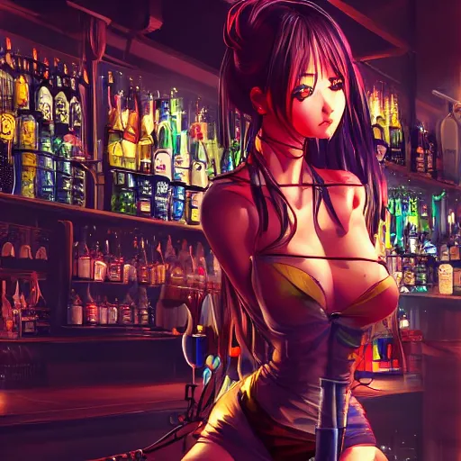 Image similar to Anime Girl in a cyberpunk city bar, full body, beautiful face, fantasy, medieval, vivid colors, elegant, concept art, sharp focus, digital art, Hyper-realistic, 4K, Unreal Engine, Highly Detailed, HD, Dramatic Lighting by Brom, trending on Artstation