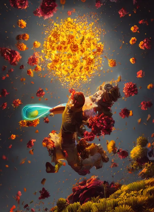 Prompt: An epic fantastic realism comic book style painting of the most beautiful flowers launched like meteors, bouquets, fisheye lens, unreal 5, DAZ, hyperrealistic, octane render, dynamic lighting