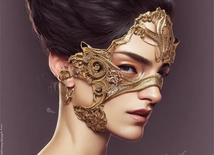 Image similar to masked, perfectly-centered-Portrait of the most beautiful woman on the planet , intricate, highly detailed, artstation, concept art, concept render, octane, redshift, smooth, sharp focus, illustration,award-winning, Unreal Engine 5, 8K, art by artgerm and greg rutkowski and alphonse mucha