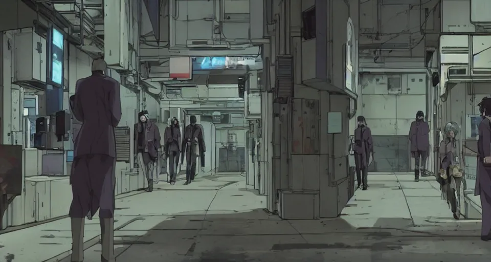 Image similar to Scene within the location called 'Public security section 9'. interior environment bg. Screenshot from an episode of the anime 'Ghost in the shell: Stand Alone Complex' (2003). Produced by 'Production I.G'. Original manga by Masamune Shirow. Art direction by Kazuki Higashiji and Yuusuke Takeda.