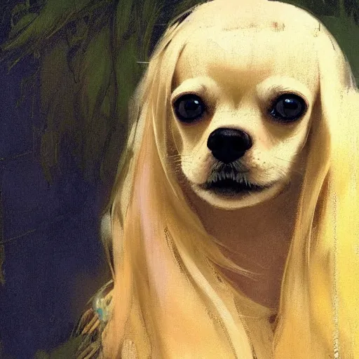 Image similar to beautiful blonde woman, blue eyes, intricate, elegant, highly detailed, holding old long haired chihuahua, greg manchess, mucha, liepke, ruan jia, jeffrey catherine jones, ridley scott