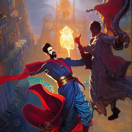 Prompt: the third first image on the scattered absurdity server, dr strange and dr seuss, very pretty, photorealistic, portal hopping and time warping with reckless abandon, highly detailed painting by gaston bussiere, craig mullins, j. c. leyendecker
