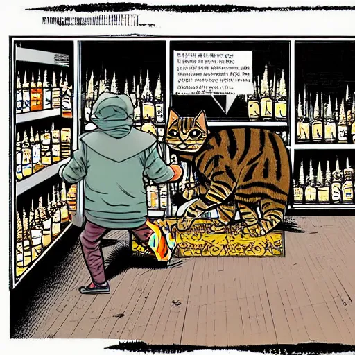 Prompt: detailed intricate colour illustration of a cat robbing a liquor store at gunpoint, comic book style, no speech bubbles, dystopian, dark, akira