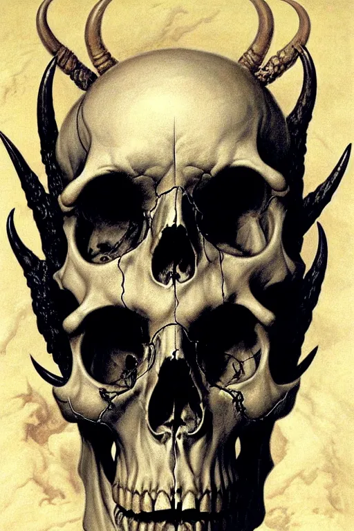 Prompt: human skull with horns and three eyes artists anatomy in the style of wayne barlowe, gustav moreau, goward, bussiere, roberto ferri, santiago caruso, luis ricardo falero, dali
