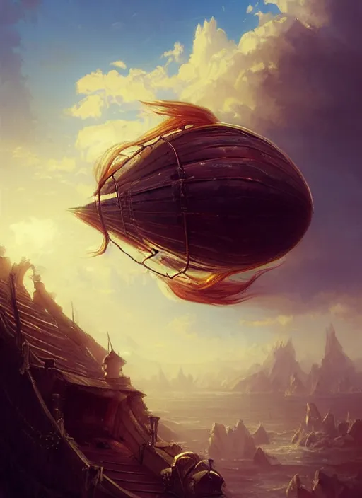 Image similar to portrait painting of a handsome rugged long hair crimson hair male pirate, soft hair steampunk ornate zeppelin blimp airship in the background sky sunset golden hour art by raphael lacoste and stephan martiniere greg rutkowski gaston bussiere fantasy soft hair trending on artstation deviantart book cover art concept art key art dramatic volumetric lighting, 4 k, award winning