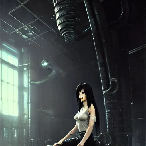 Image similar to Portrait of Tifa Lockhart by Greg Rutkowski. She is hiding from a Shinra robot in the Reactor Core by Mark Arian. It is dark and stark and industrial by H.R. Giger. soft render, octane, highly detailed painting by Moebius. artstation Blank Canvas Scene by Tetsuya Nomura.