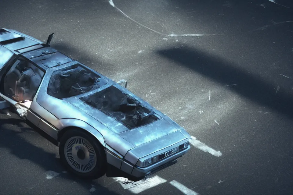 Image similar to ultra realistic delorean dmc 5 and mazda rx 7 parallel drift on road wreckage orbiting earth in space, dark cinematic, volumetric, realistic, 3 d render, realistic render, cinematic lighting, volumetric lighting, atmospheric, cinematic, unreal engine 5, unreal engine render, octane render, hd, photorealism, hyper realistic, 8 k