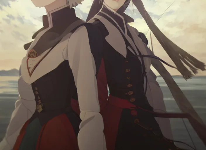 Image similar to portrait of lady maria, helm of second world war warship in background, illustration concept art anime key visual trending pixiv fanbox by wlop and greg rutkowski and makoto shinkai and studio ghibli and kyoto animation, symmetrical facial features, red eyes, astral witch clothes, modern warfare, realistic anatomy, gapmoe yandere grimdark, volumetric lighting, backlit