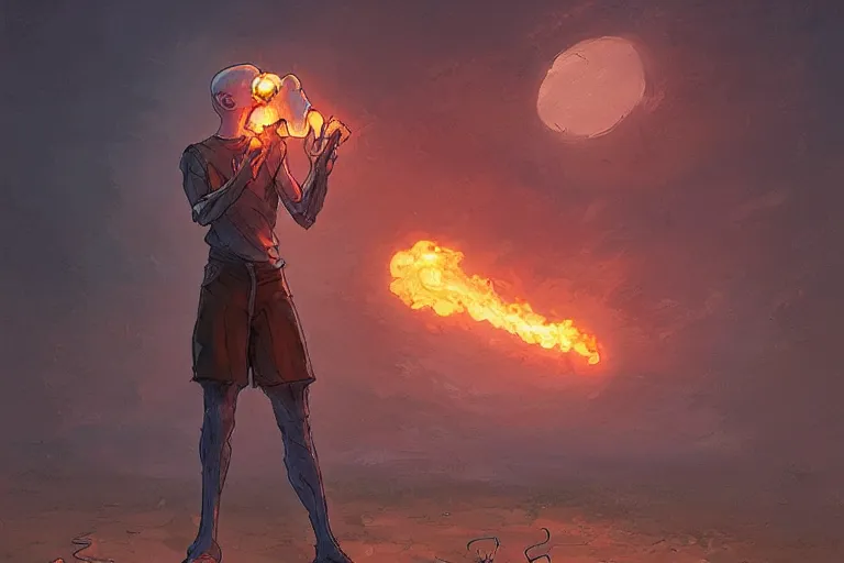 Image similar to squidward firebending outside at susnset, art by artgerm and greg rutkowski