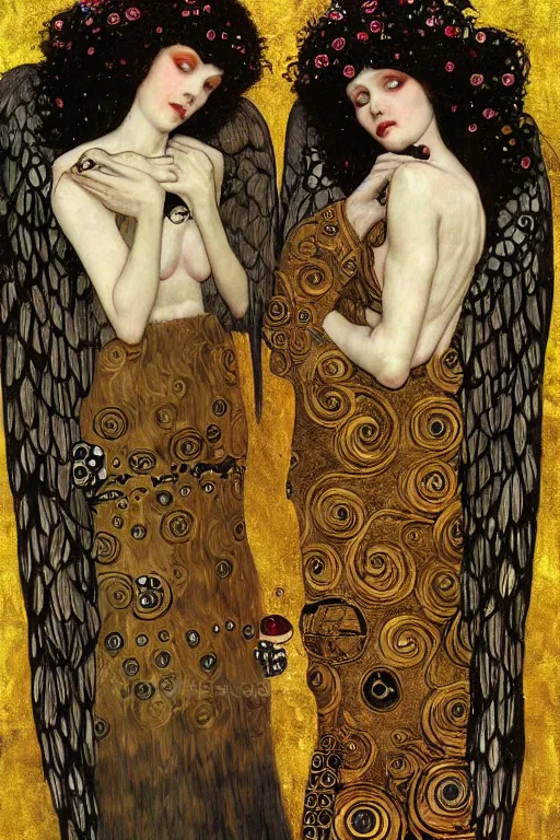 Prompt: two beautiful young gothic maidens, angel and demon, kiss, highly detailed, artstation, illustration, art by Gustav Klimt