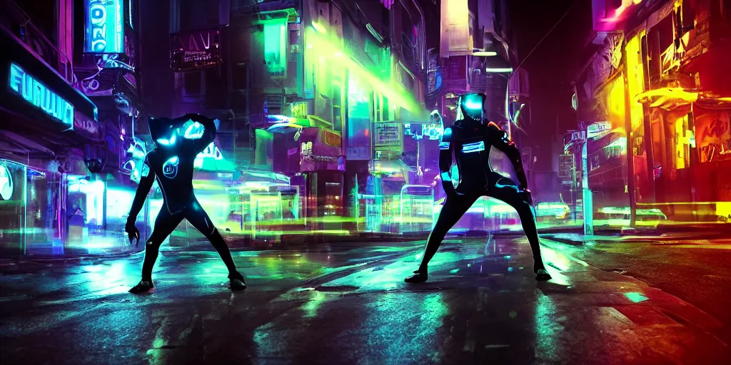 Image similar to slow motion picture of futuristic break dancer wearing dark tron suit with neon lights, long exposure shot , at night in the middle of a rainy street, paddles of water, rim lights, glossy reflections, octane render, detailed and soft, by laurie greasley