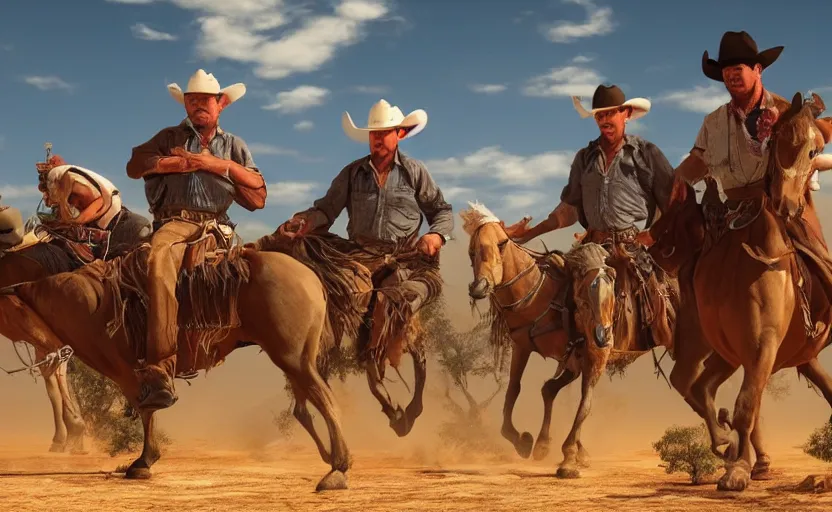 Prompt: 3 western cowboys performing a mexican standoff in a desert, epic, detailed, fantasy artwork, realistic, dynamic lighting, rtx, 4 k