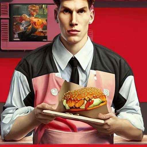 Prompt: youtuber jerma 9 8 5 ordering fastfood, highly detailed, digital painting, artstation, sharp focus, illustration, art by tan zi and ayanamikodon, artgerm and alphonse mucha and wlop