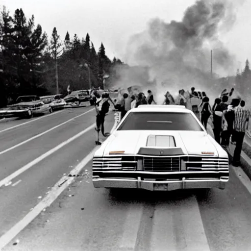 Image similar to a super 8 footage still as a 1 9 7 4 dodge monaco is on fire, people are protesting behind the car and police are chasing after civilians, kodak tri - x film