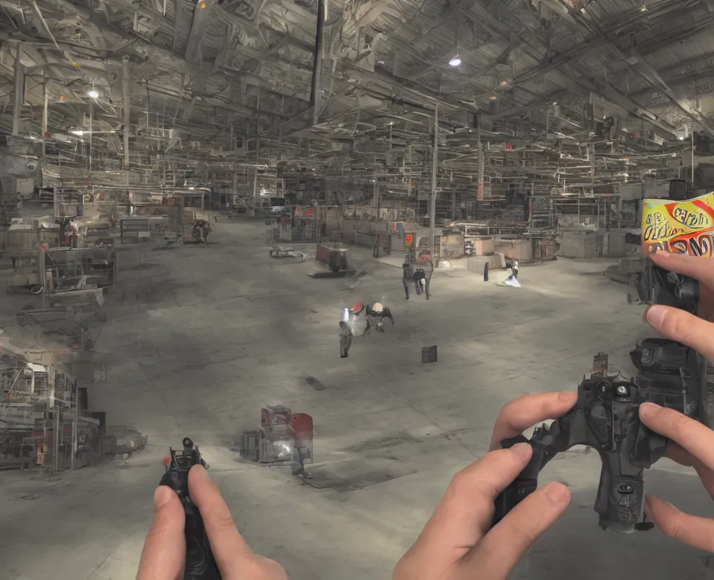 Prompt: first person shooter point of view with a soda can in his hand in a factory