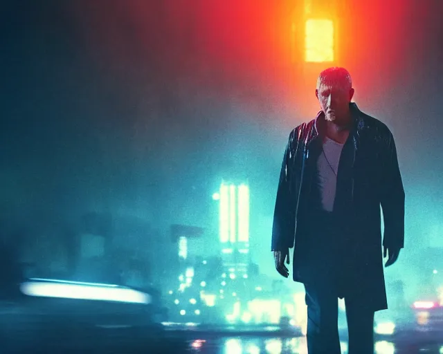 Image similar to 2 0 1 8 blade runner movie still man look at the cityscape from roof perfect face fine realistic face pretty face neon puffy