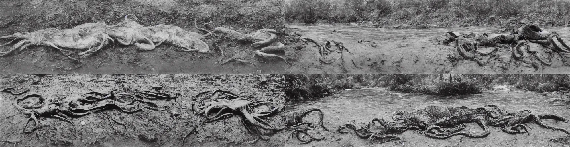 Prompt: wide angle river, low angle panorama scary unproportionable dead body of octopus on side of the tribal river, 1900s picture