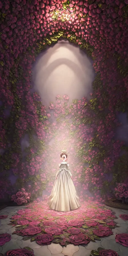 Image similar to the beautiful hyperdetailed physical rendering of a single rose flower wedding gothic lolita dress clothing design display in show in front of your eyes, perfectly shaded, atmospheric lighting, in the style of makoto shinkai, raphael lacoste louis comfort tiffany, stanley artgerm lau, wlop, rossdraws, 8 k hd, fine texture structure, 3 drender,