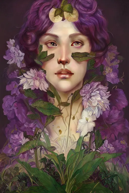 Prompt: portrait of the lord of the plums, purple and green, by tom bagshaw and alphonse mucha and atey ghailan and artgerm and and greg rutkowski, hyper realistic, octane render, trending on artstation