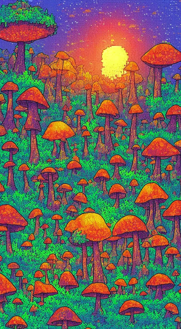 Prompt: a dreamy sunset in the giant mushrooms forest in pixelart style, highly detailed